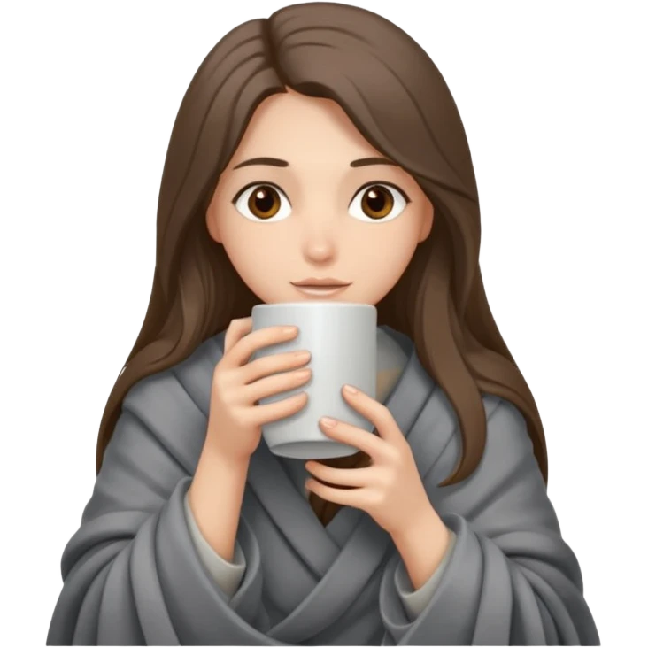 Brown-eyed, fair-skinned girl with long hair down to her shoulders, wrapped in a gray blanket, drinking from a New Year's mug emoji