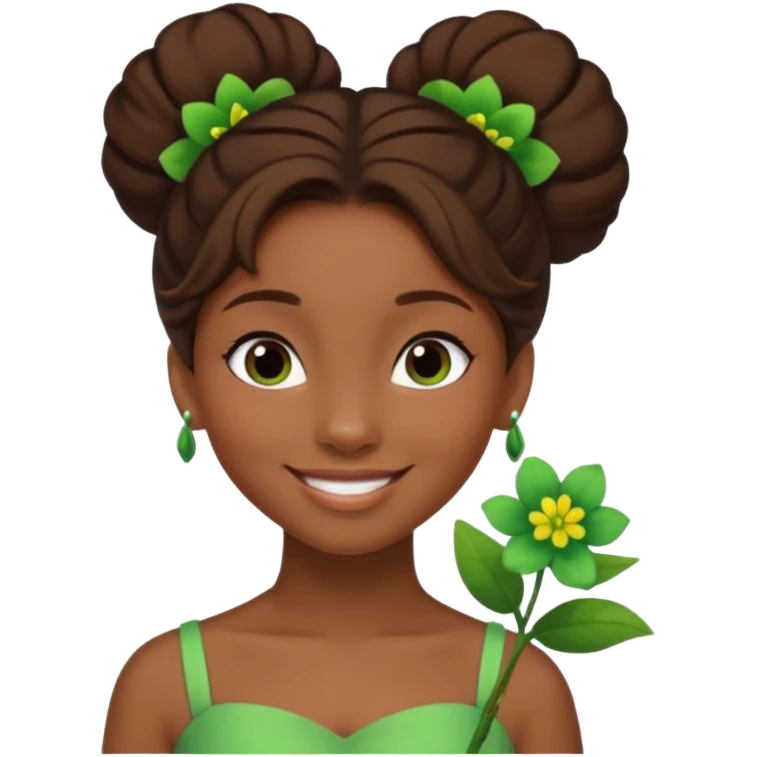 tạo cho tôi emoji tạo hình của công chúa da đen tóc nâu búi tóc 1 bên trên đỉnh đầu, cô ý cài hoa màu xanh lá cây. không đeo khuyên tai emoji