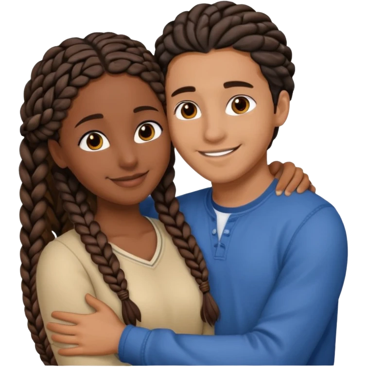 dark skin, black girl with black and brown braids, hugging her middle eastern boyfriend with brown hair and medium to light skin emoji