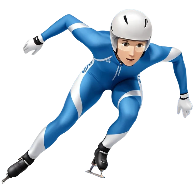 An icon showing a grand arena, snow-covered mountains in the distance, and a crisp blue sky. professional speed skater leaning into a turn on a polished ice track, dressed in a sleek suit and helmet. Transparent background highlights speed and precision. emoji