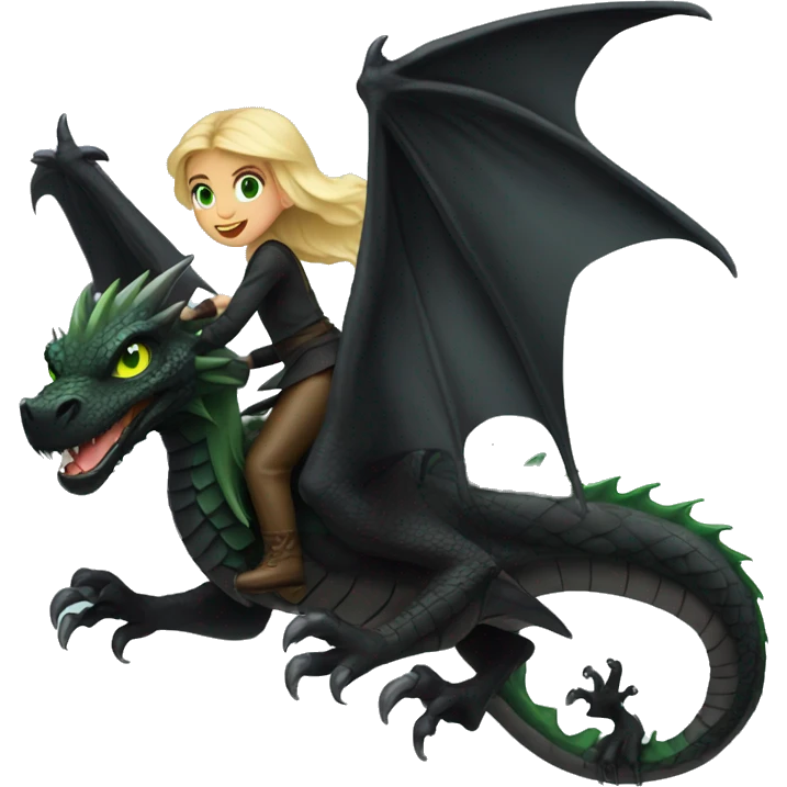 blonde haired green eyed girl riding a full size black dragon with wings emoji