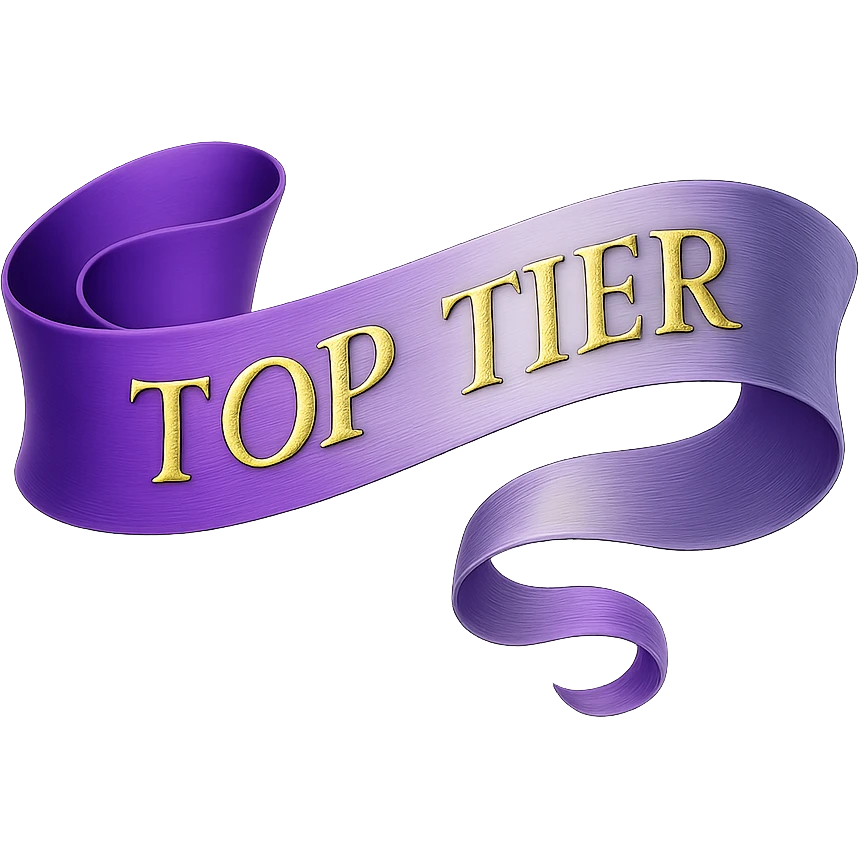 An elegant, flowing ribbon in a vibrant gradient of purple and silver, with the words 'TOP TIER' embossed in a sophisticated, slightly raised gold lettering, no background emoji