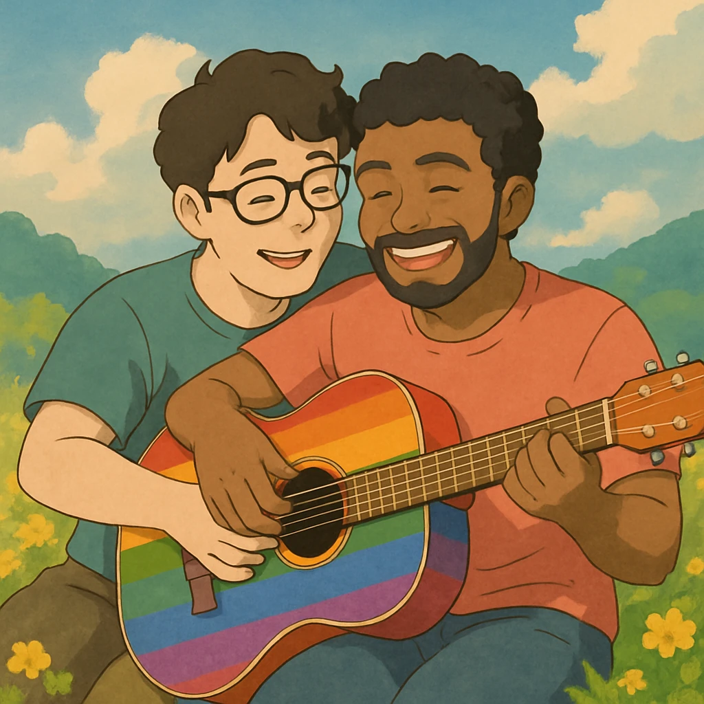 rainbow guitar with a happy gay couple playing it emoji