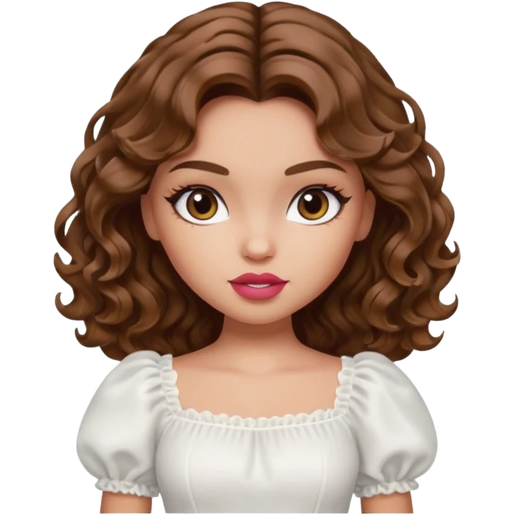 generate a pretty bratz girl with in a white puff sleeve top. lipgloss on . Brown wavy hair long.  emoji