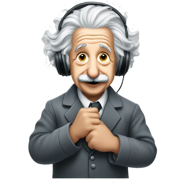 happy albert einstein holding headphone in one hand of his hands emoji
