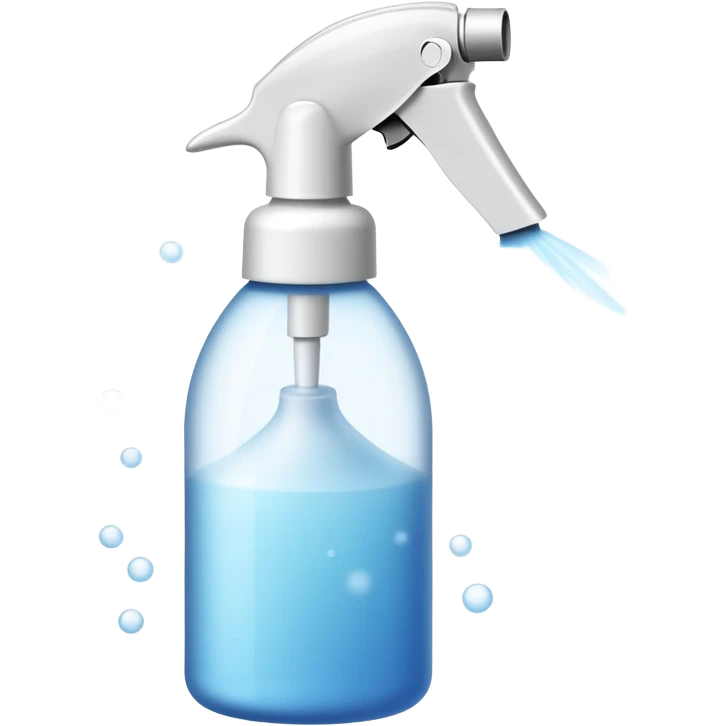An emoji of a spray bottle actively spraying mist. A fine mist of tiny particles is visible in the air as the nozzle releases the spray. Can resemble a perfume, cologne, or cleaning product. Transparent bottle with a trigger or press nozzle, slightly tilted while spraying emoji
