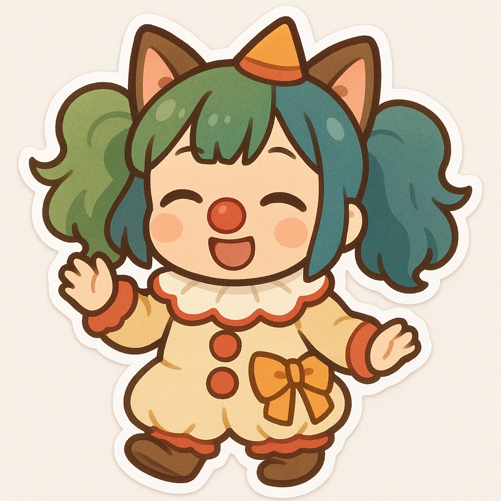 asian girl with cat ears, dressed like a clown, green and blue colored hair, chibi style emoji