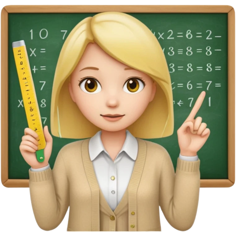 a girl emoji wearing a beige cardigan over a white collared shirt, holding a yellow straight ruler, pointing at a green chalkboard with math equations on it emoji