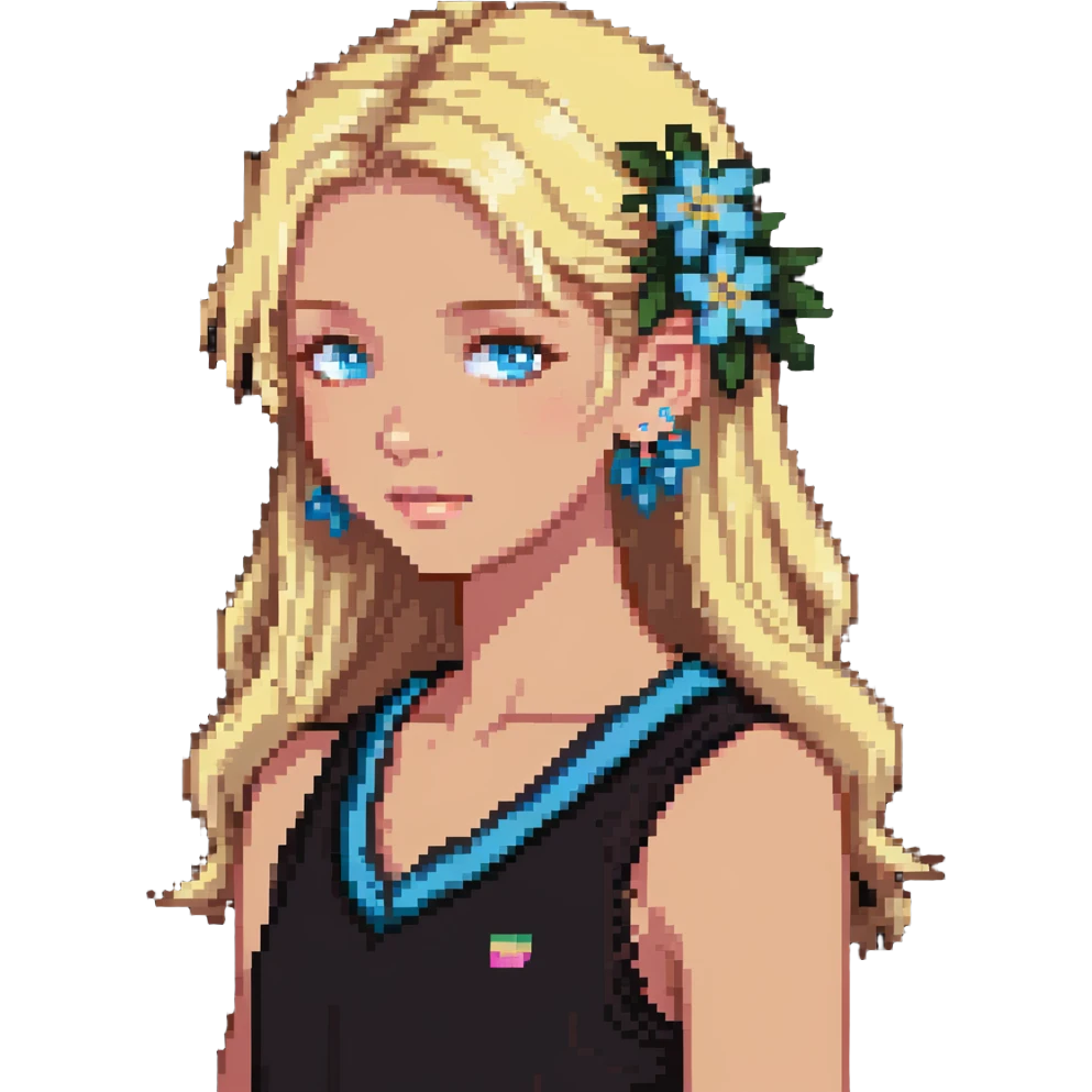 preppy coastal teen girl with blue eyes, beach blonde hair, tan skin, small flowers in her ear, preppy beach outfit emoji