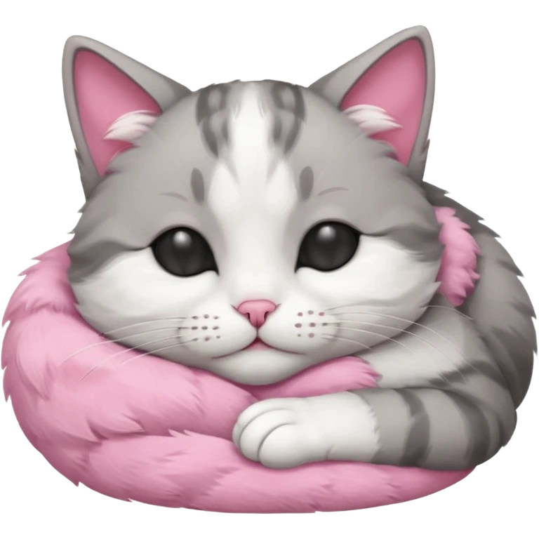 grey and white small cat with its eyes closed lying down with its paw holding up his head emoji