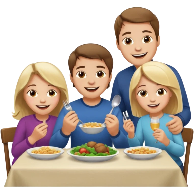 Family eating dinner and laughing together. Husband, wife, boy and girl (4 years old each) emoji