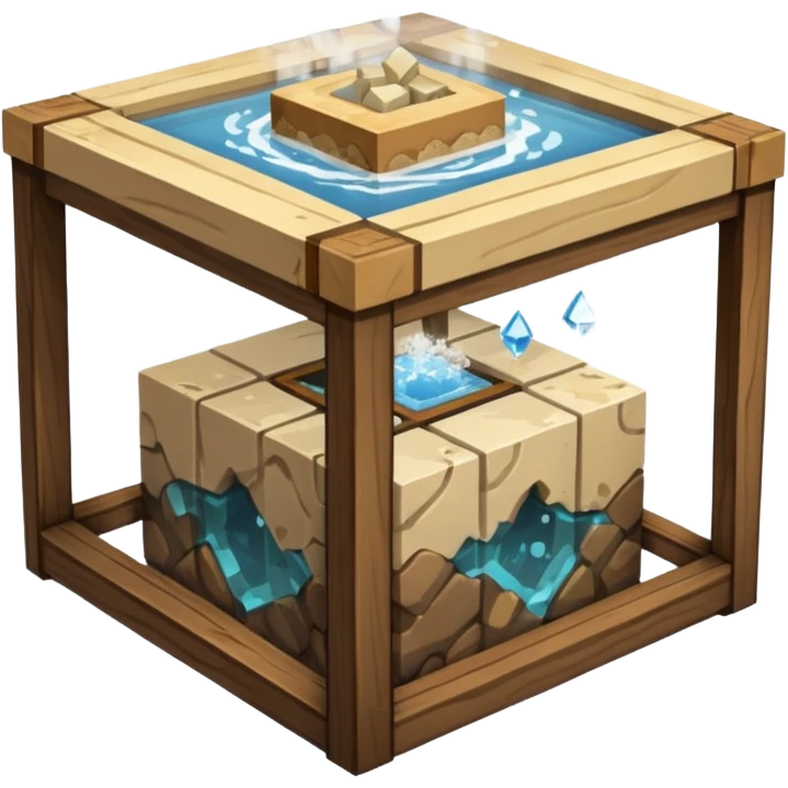crafting table with tools, stone, wood, glass, sand, steam, water... like a minecraft style cube crafting table 100ù like a minecraft cube emoji