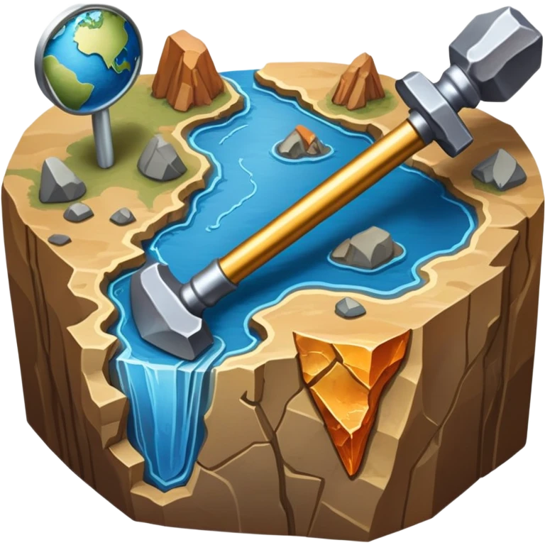 An icon featuring a rock hammer, a geological map, and layers of Earth’s crust, symbolizing geology. The design includes mineral samples, fossils, and tectonic plates, representing the study of Earth’s structure and natural processes. Transparent background highlights geological exploration emoji