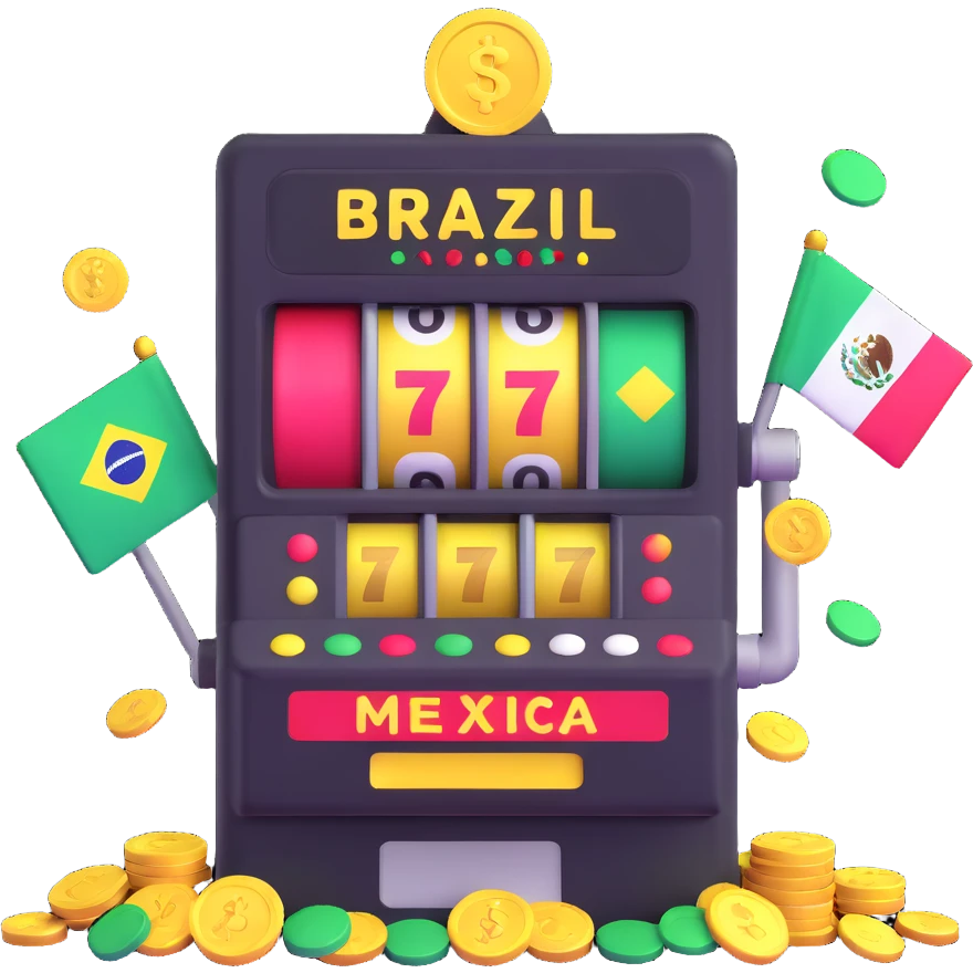 festive slot machine with Brazil and Mexico flags, confetti, and gold coins emoji