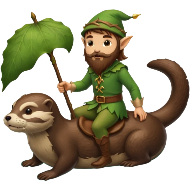 tiny forest elf man long brown hair beard riding an otter emoji