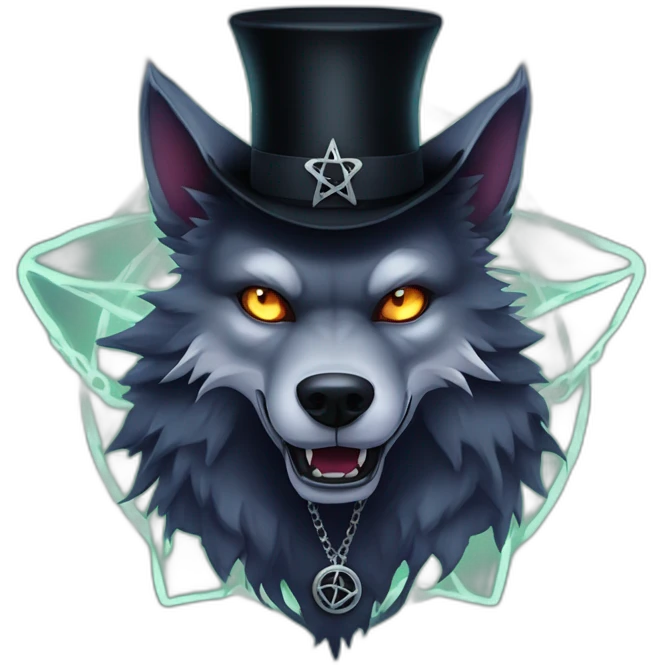 demonic wolf with a pentagram top hat and a pentagram chain with a haunting night background emoji