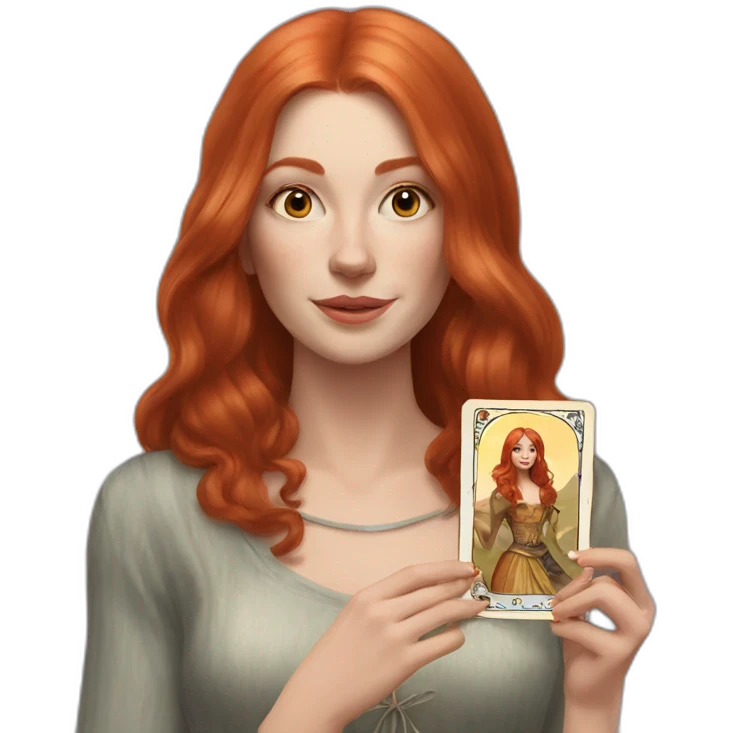 redhead white woman medium long straight hair, holding a tarot card in her hand emoji