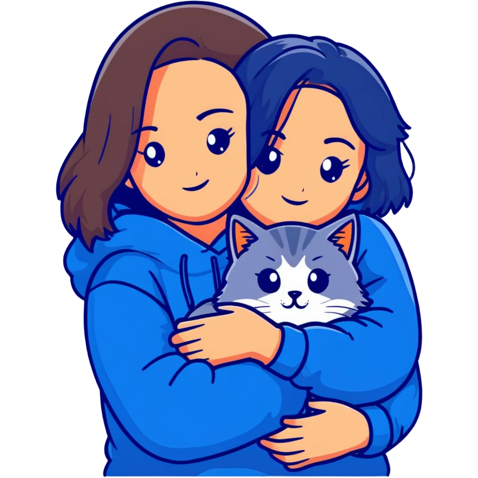 Brunette girl with dark blue sweatshirt cuddling a fluffy grey Siberian cat, detailed illustration emoji