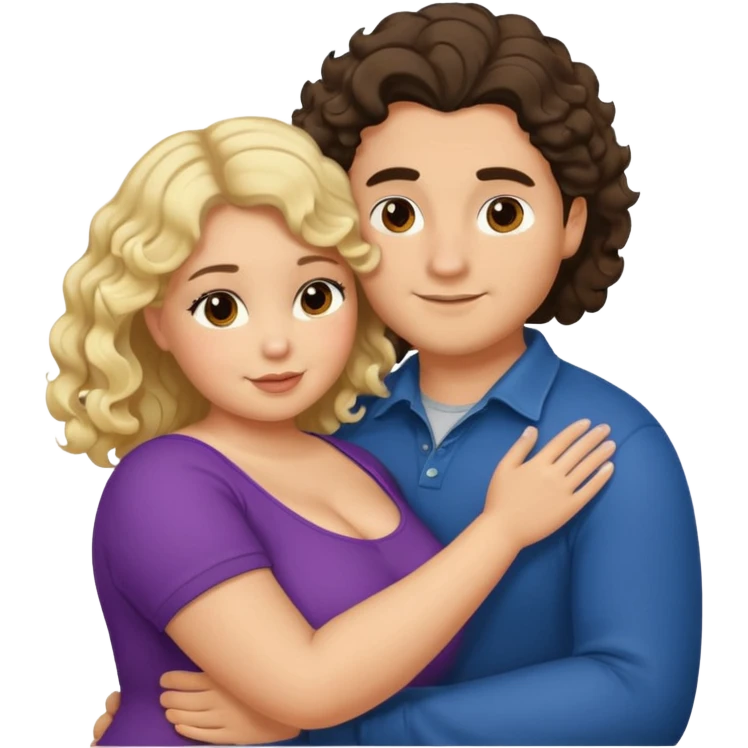 flirty couple hugging. The man dark brown brushed hair. The woman is chubby and has shoulder-length blond curls emoji