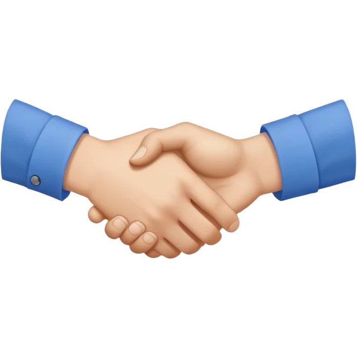 Close-up of a handshake gesture, both hands wearing blue shirt sleeves emoji