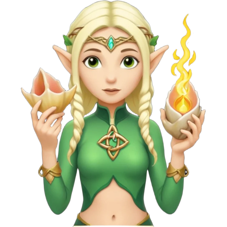 elf female Short wetsuit-style garb, glowing runes on skin, holding a conch horn. emoji