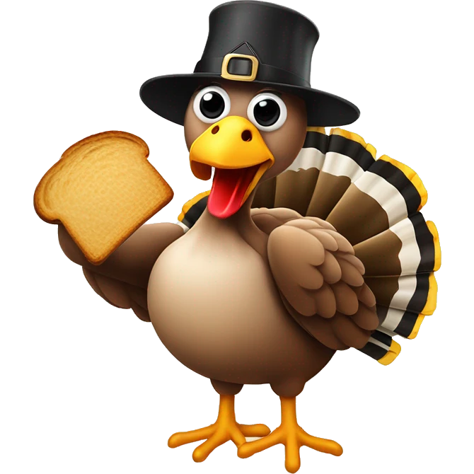 Turkey wearing hat, holding slice of black toasted bread with pan of oysters, fire emoji