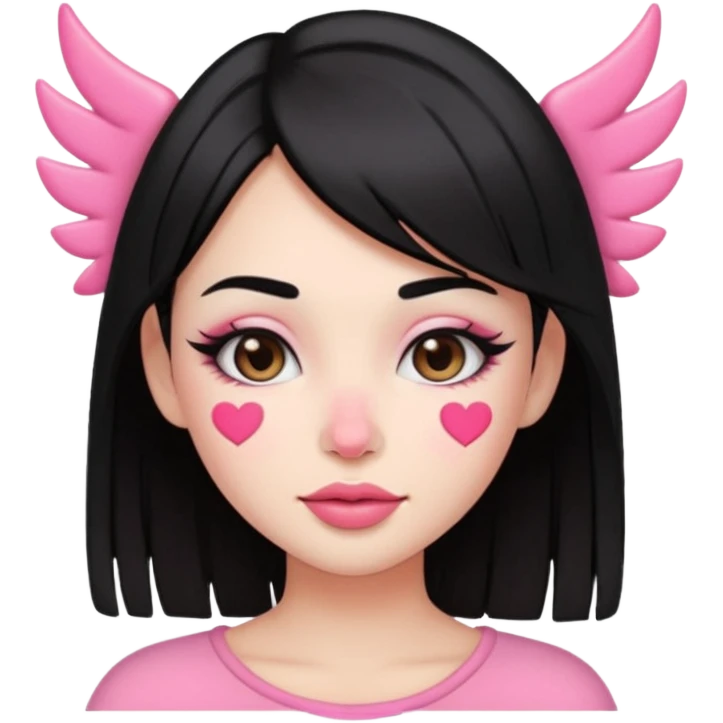 “Emoji girl, pastel pink streaks in black hair hair, bold winged eyeliner, heavy blush on cheeks and nose bridge, under-eye hearts, glossy pink lips, playful smirk.” emoji