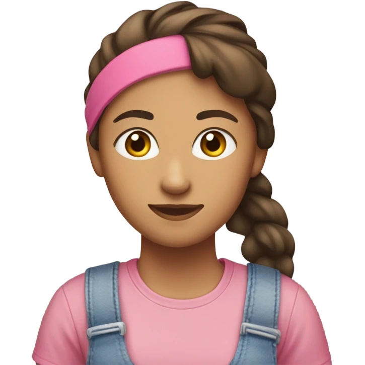 A white woman with brown hair in pony tail wearing pink headband, pink t shirt and overalls  emoji
