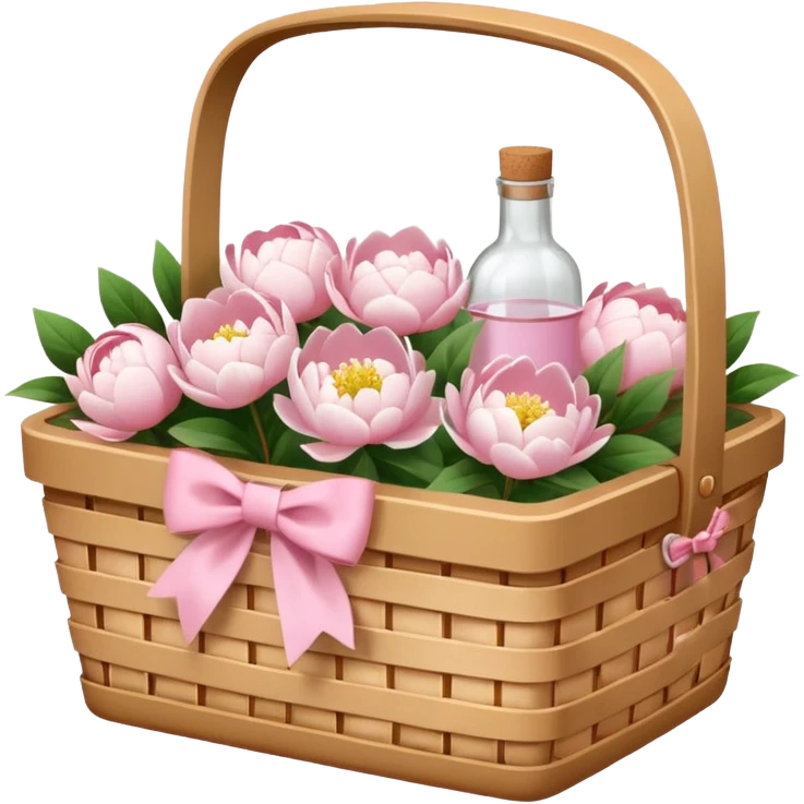 White Picnic basket with light pink bow and white peonies and a pink bottle inside emoji