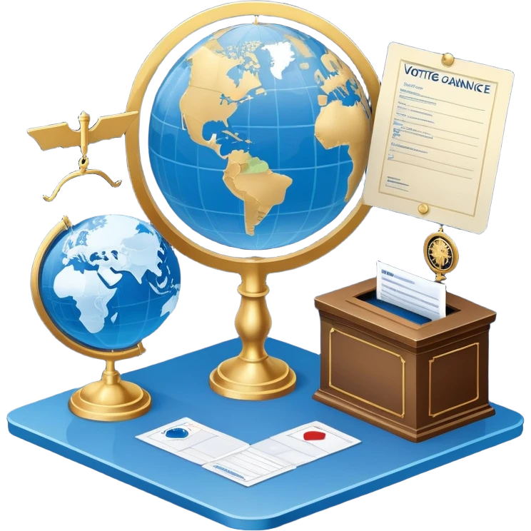 An icon featuring a podium with a speaker, a ballot box with a voting slip, and a globe, symbolizing political science. The design includes scales of justice and a world map in the background, representing governance and global politics. Transparent background highlights political analysis. emoji