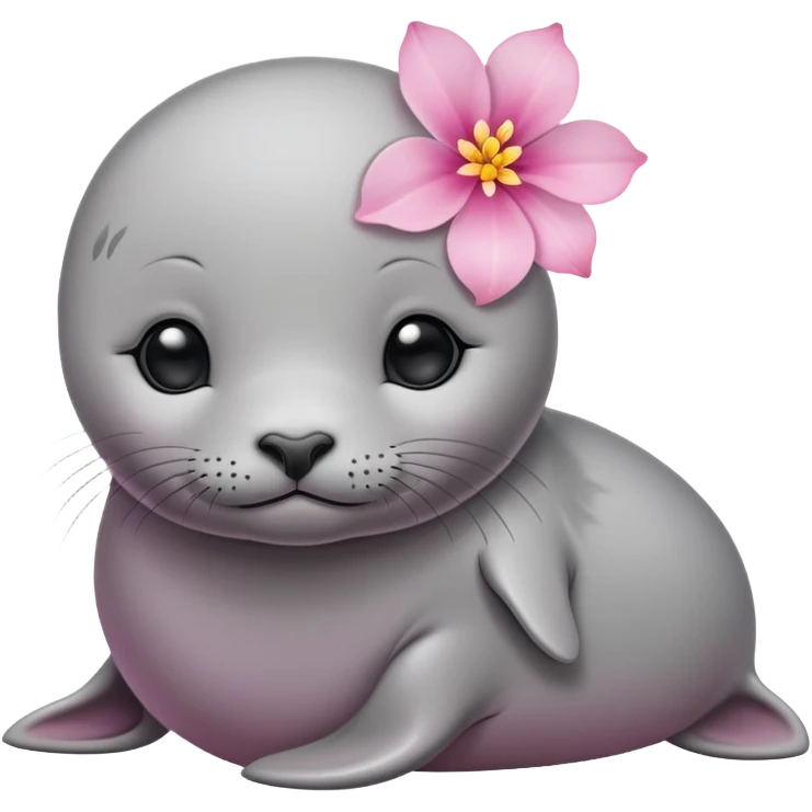 A small, slim baby seal resting gracefully with a delicate pink flower placed on its head.  Grey color emoji