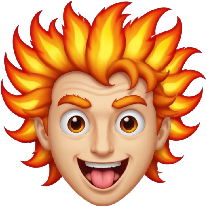 man with wild hair, tongue out, eyes on fire, weird face emoji