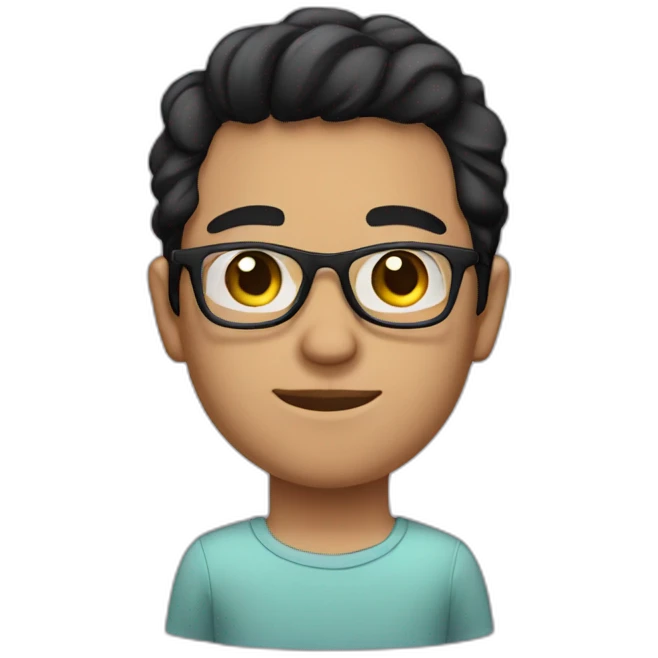 A fair young man with black eyes and black hair, glasses and a shirt emoji