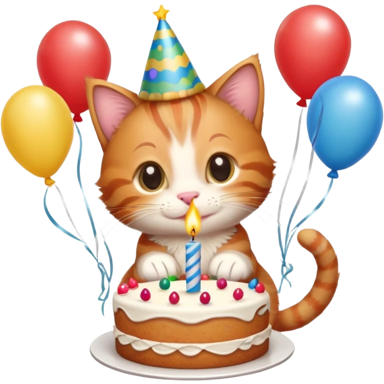 Ginger tabby kitten celebrates birthday, birthday hat, birthday cake, one candle, balloons, happy, gifts emoji