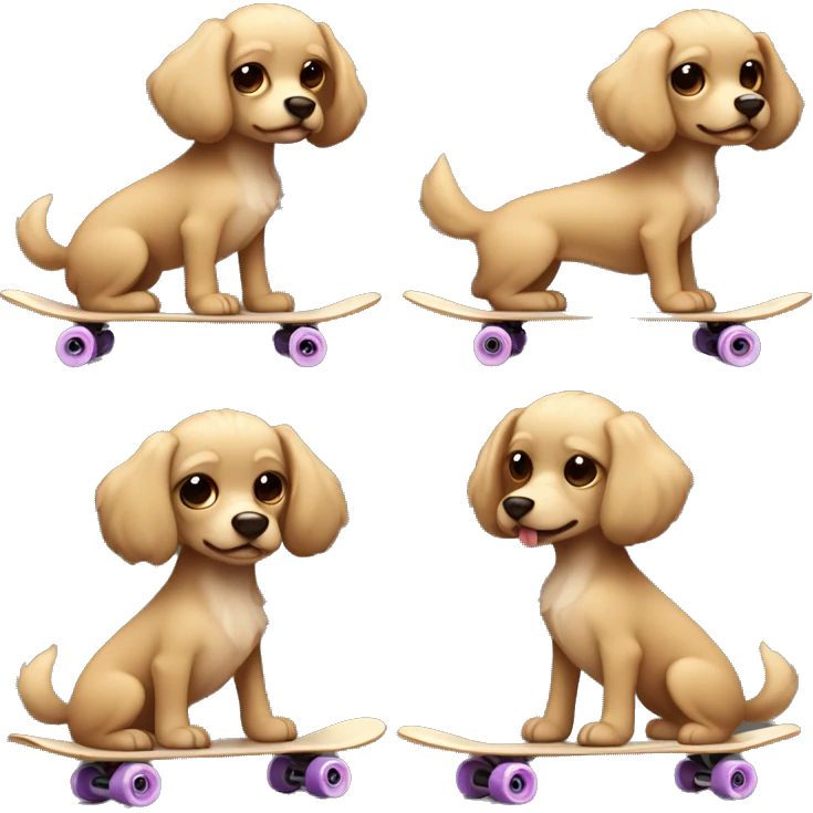 small dog with light tan curly fur, very very long ears down. dark brown eyes, mouth closed. on a skateboard emoji