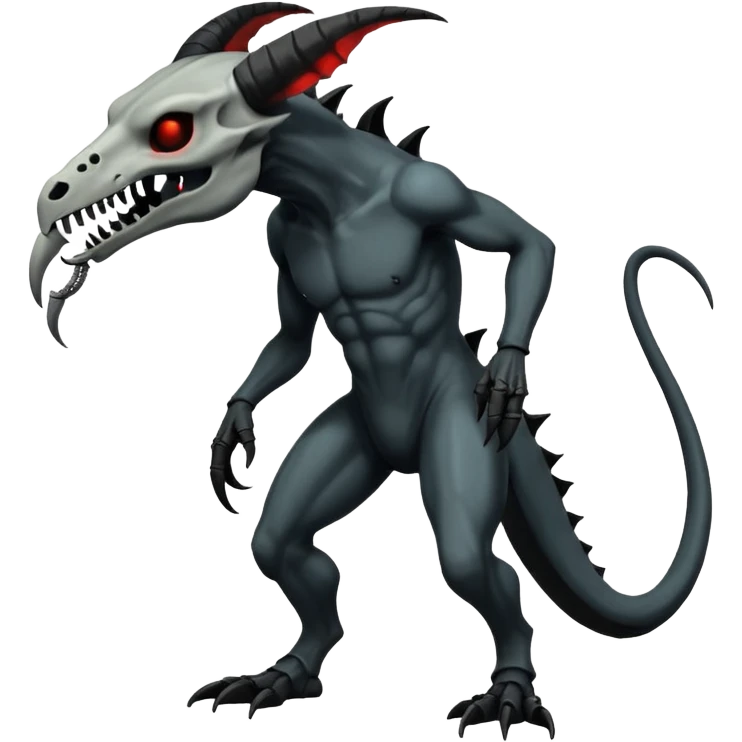 Shiny Dark Edgy  Salandit-Inteleon-Amaura-Fakémon-hybrid-creature (full body) with a horned animal-skull-mask emoji