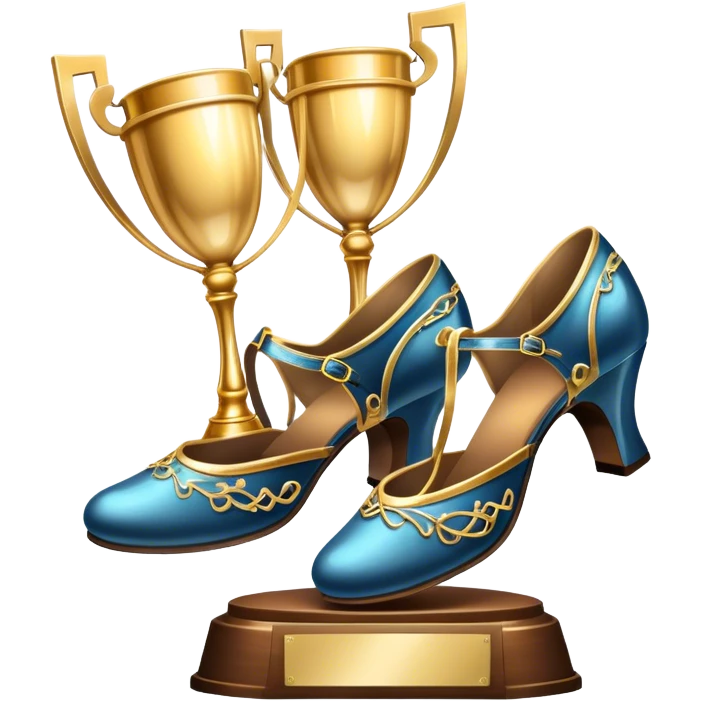 Icon for Ballroom Dancing: a pair of ballroom shoes, a dance floor with lighting, and a decorative dance trophy. The icon should represent the elegance and rhythm of ballroom dance through its key symbols. Transparent background. emoji