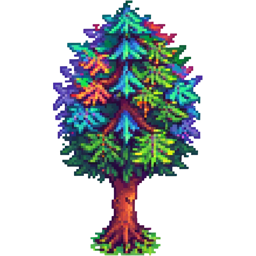 Terraria-style tree with vibrant LGBTQ+ rainbow colors, pixel art style, detailed and playful, no text emoji