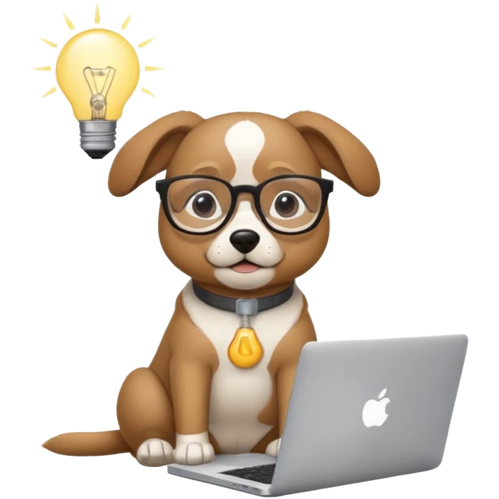 Like a cartoon (make it an intelligent dog with glasses) working with a computer (macbook, showing the apple logo) thinking and a light bulb above his head while he thinks emoji