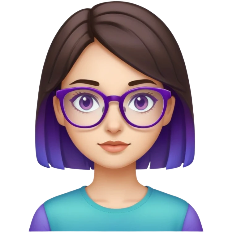 chica morena de pelo, piel clara, ojos marrones verdosos, gafas con montura degradada en azul y morado emoji