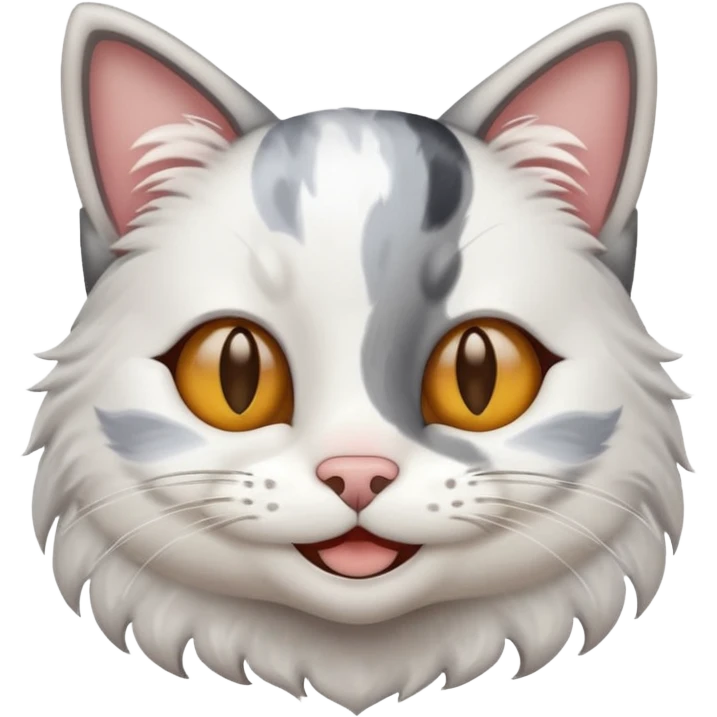 A cat grey patches and white fur smiling emoji