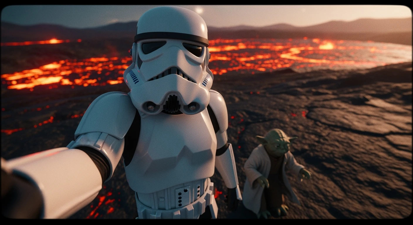Cinematic still, selfie camera, Starwars stormtroopers vlogging , he is walking on lava planet with yoda emoji