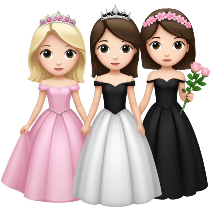 A blonde girl and a brunette girl, one in a black princess prom dress and another in a white dress with pink flowers on it for prom emoji