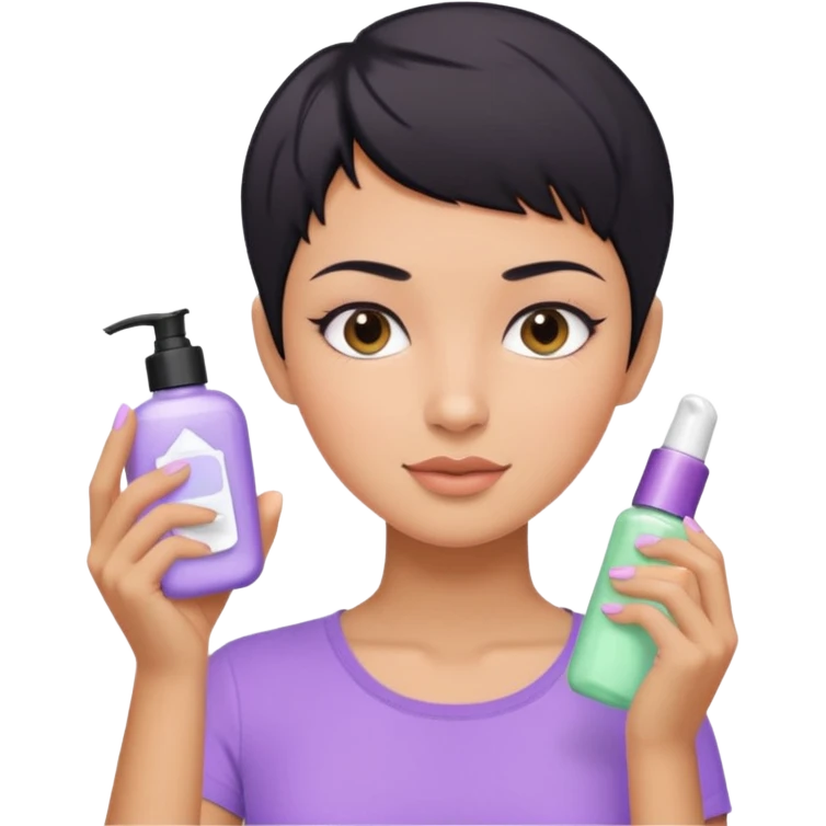 tan girl with pastel purple shirt with black hair & a pixie, doing her skin care emoji
