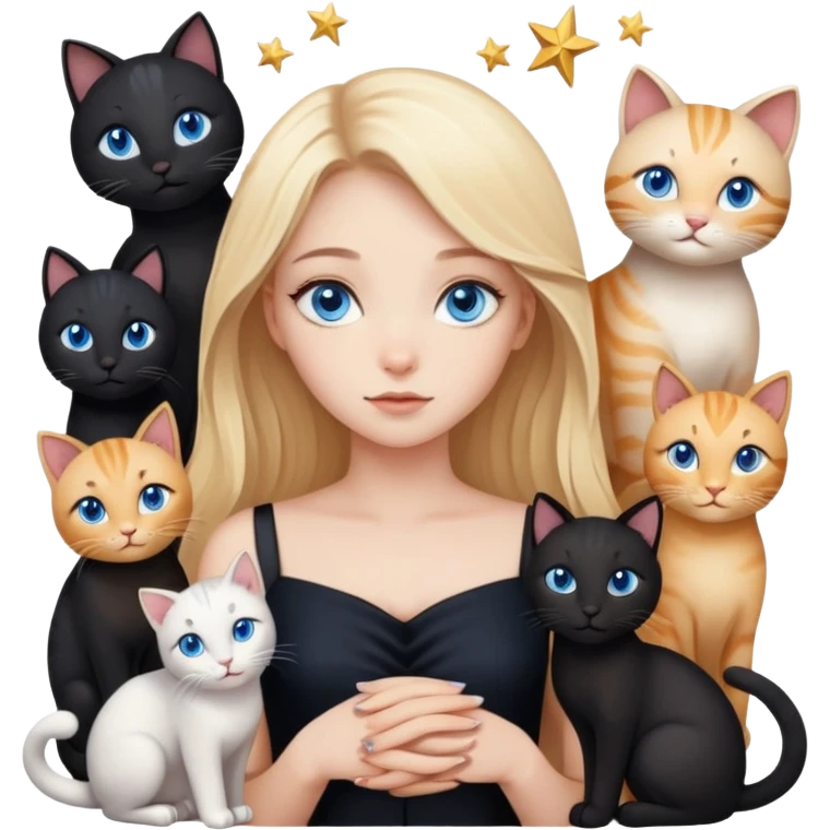 blonde girl with blue eyes zodiac stars in black dress with different cats emoji