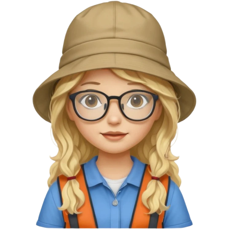a young student girl with the backpack with bucket hat, blonde wavy long hair emoji