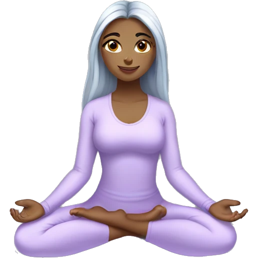 silver long hair and blue eyes yoga girl in light lavander clothes sitting on a yoga mat emoji