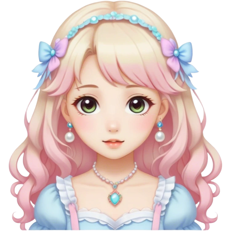 Gorgeous anime style lady with blushing face and accessories cottagecore fairycore Kawaii anime colorful pearly romantic aesthetic trending style emoji