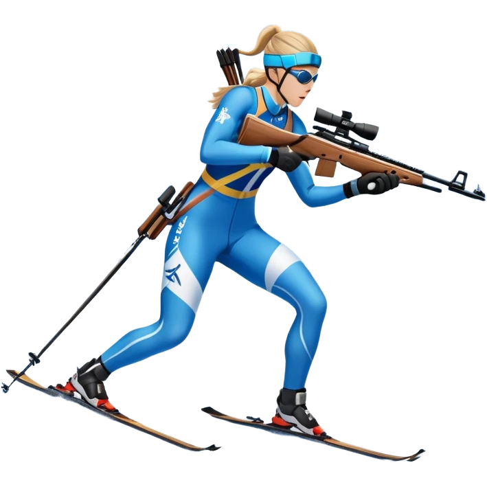 An icon featuring snow-covered trees, distant mountains, and a clear blue sky with a biathlete in motion, holding a rifle and skiing across a snowy course. Transparent background highlights the precision, endurance, and excitement of biathlon. emoji