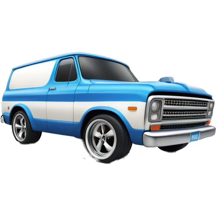 Side-on shot, Hot wheels, Hot rod, large panel van truck,1970 with exposed chrome exhaust pipes, blue, large wheels in back, large logo is Stinky’s Diaper Cleaner emoji